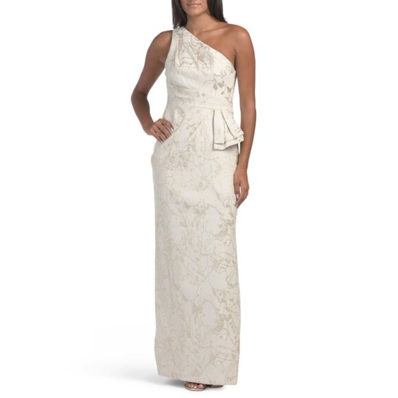 AIDAN MATTOX Light Gold One Shoulder Jacquard Gown - Picture 1 of 2
